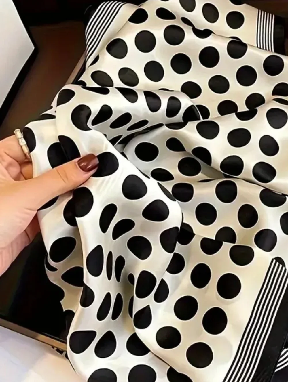 Silk-feel Black and Cream Polka Dot  Scarf Head Scarf, Neck Scarf